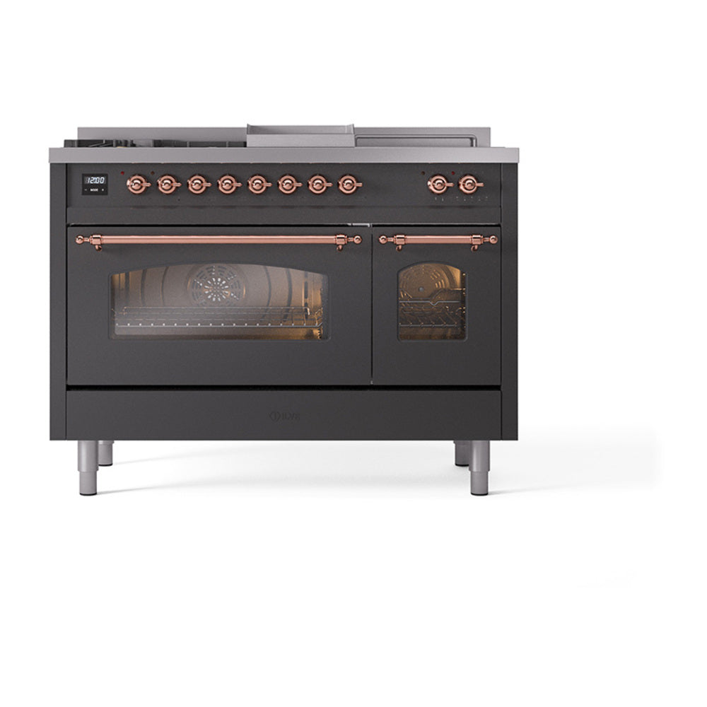 ILVE Nostalgie II 48-Inch Propane Dual Fuel Range, 5 Burners, French Top, Griddle, Triple Glass Door, Matte Graphite with Copper Trim (UP48FSNMPMGPLP)