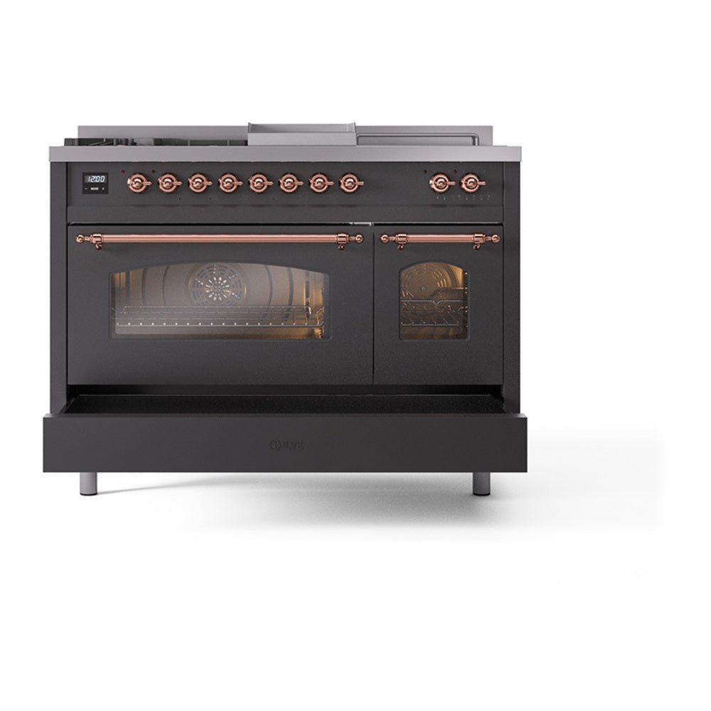 ILVE Nostalgie II 48-Inch Natural Gas Dual Fuel Range with 5 Burners, Griddle, & French Top with Triple Glass Door Oven in Matte Graphite with Copper Trim (UP48FSNMPMGP)