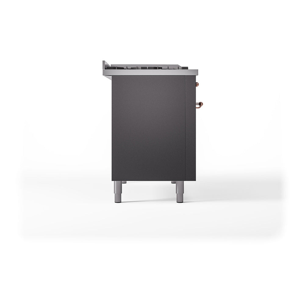 ILVE Nostalgie II 48-Inch Natural Gas Dual Fuel Range with 5 Burners, Griddle, & French Top with Triple Glass Door Oven in Matte Graphite with Copper Trim (UP48FSNMPMGP)