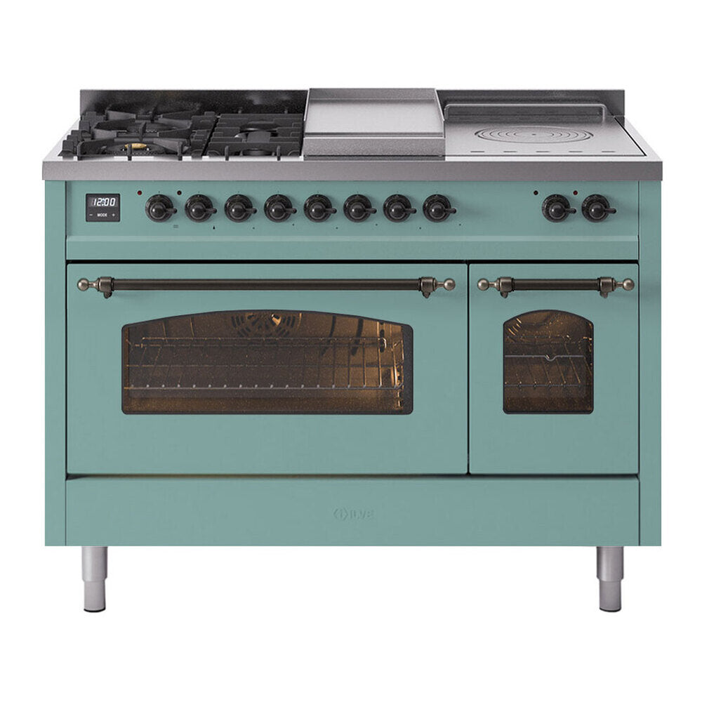 ILVE Nostalgie II 48-Inch Propane Gas Dual Fuel Range with 5 Burners, Griddle, & French Top with Triple Glass Door Oven in Mediterranean Mint with Burnished Bronze Trim (UP48FSNMPMMBLP)