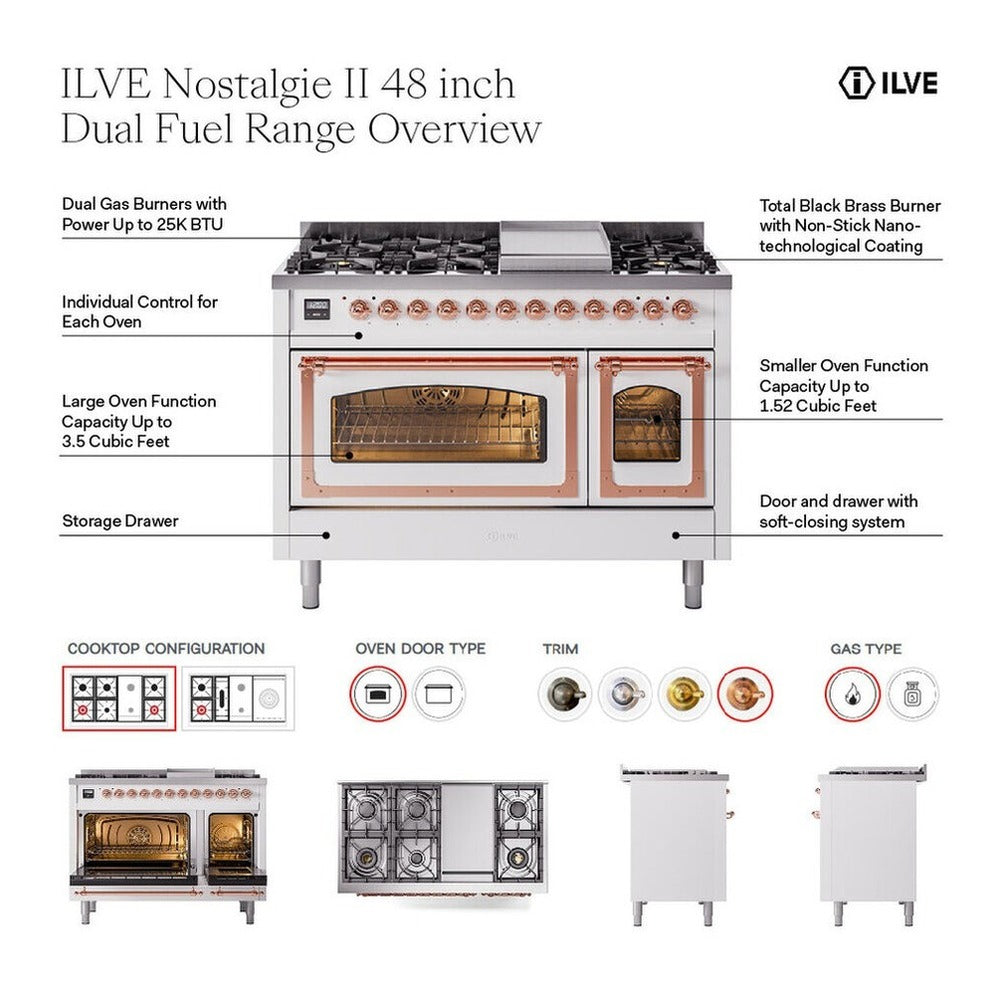 ILVE Nostalgie II 48-Inch Propane Gas Dual Fuel Range with 5 Burners, Griddle, & French Top with Triple Glass Door Oven in Mediterranean Mint with Chrome Trim (UP48FSNMPMMCLP)