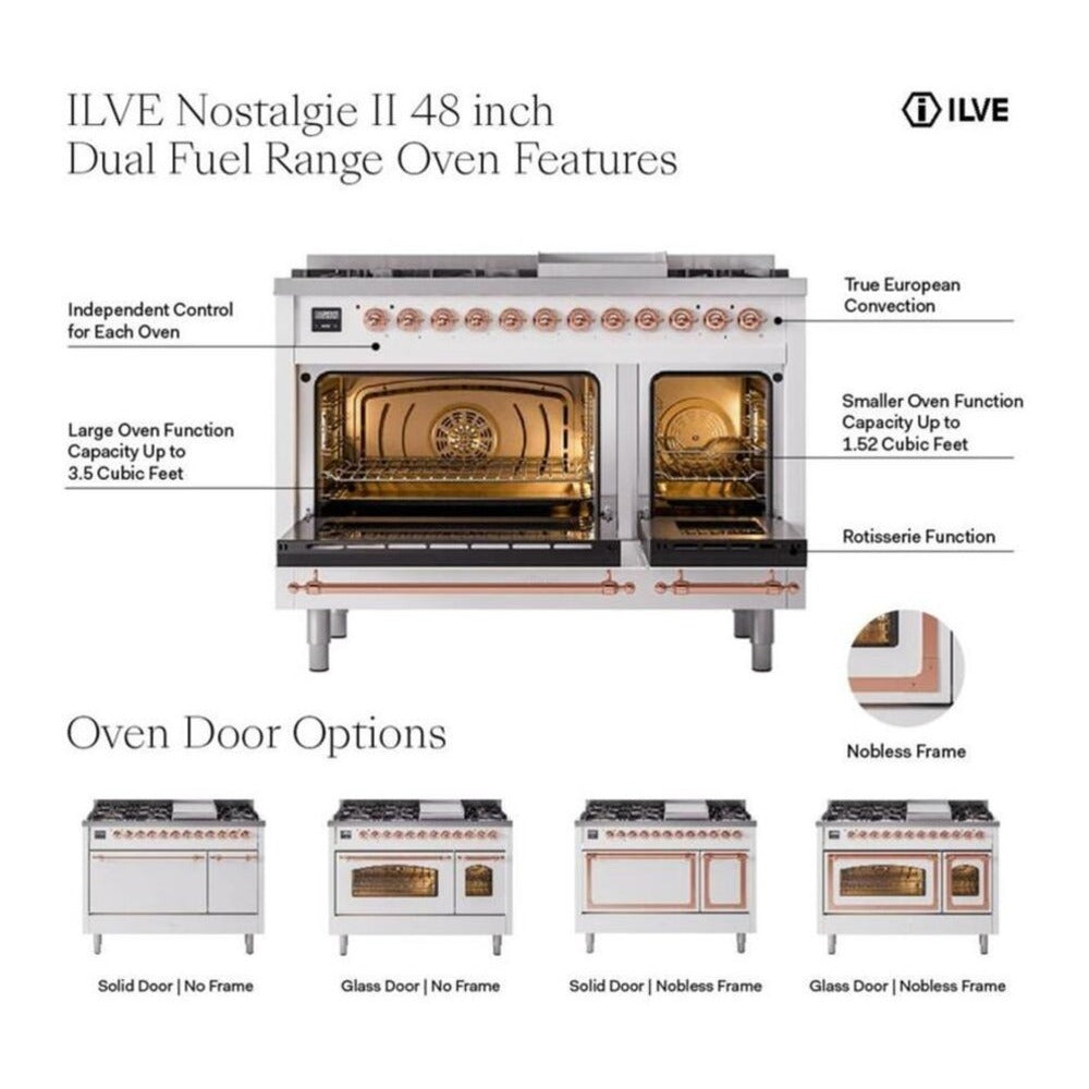 ILVE Nostalgie II 48-Inch Propane Gas Dual Fuel Range with 5 Burners, Griddle, & French Top with Triple Glass Door Oven in Mediterranean Mint with Chrome Trim (UP48FSNMPMMCLP)