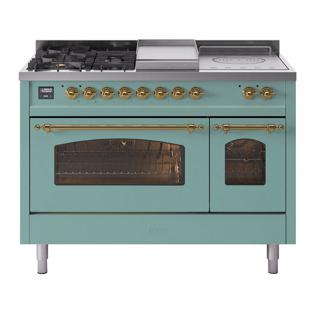 ILVE Nostalgie II 48-Inch Natural Gas Dual Fuel Range with 5 Burners, Griddle, & French Top with Triple Glass Door Oven in Mediterranean Mint with Brass Trim (UP48FSNMPMMG)