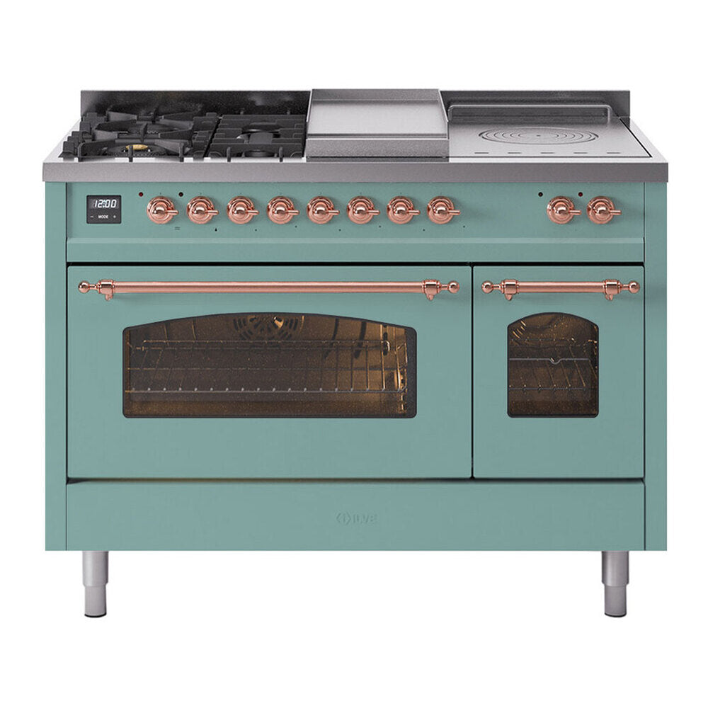 ILVE Nostalgie II 48-Inch Propane Gas Dual Fuel Range with 5 Burners, Griddle, & French Top with Triple Glass Door Oven in Mediterranean Mint with Copper Trim (UP48FSNMPMMPLP)