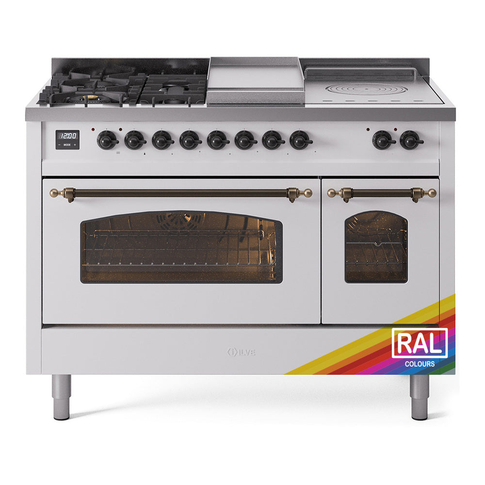 ILVE Nostalgie II 48-Inch Natural Gas Dual Fuel Range, 5 Burners, French Top, Griddle, Glass Door, Custom RAL with Bronze Trim (UP48FSNMPRAB)