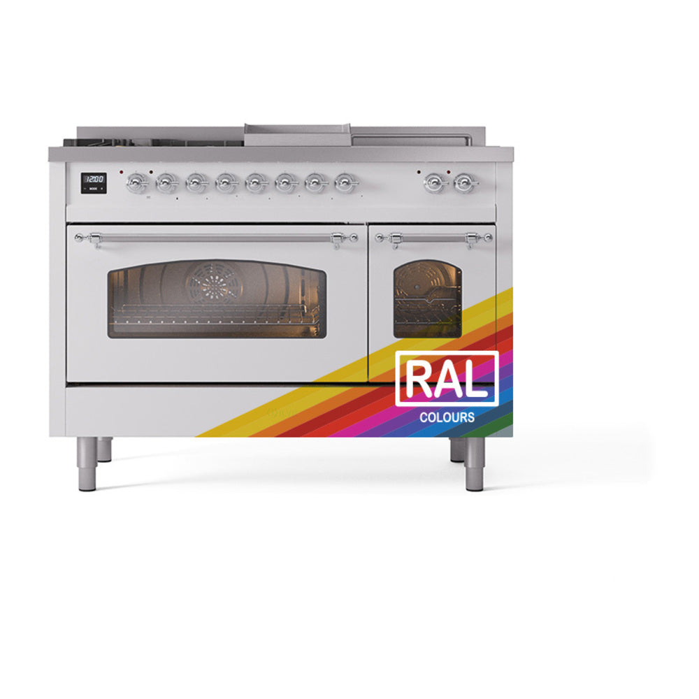 ILVE Nostalgie II 48-Inch Natural Gas Dual Fuel Range with 5 Burners, Griddle, & French Top with Triple Glass Door Oven in Custom RAL with Chrome Trim (UP48FSNMPRAC)