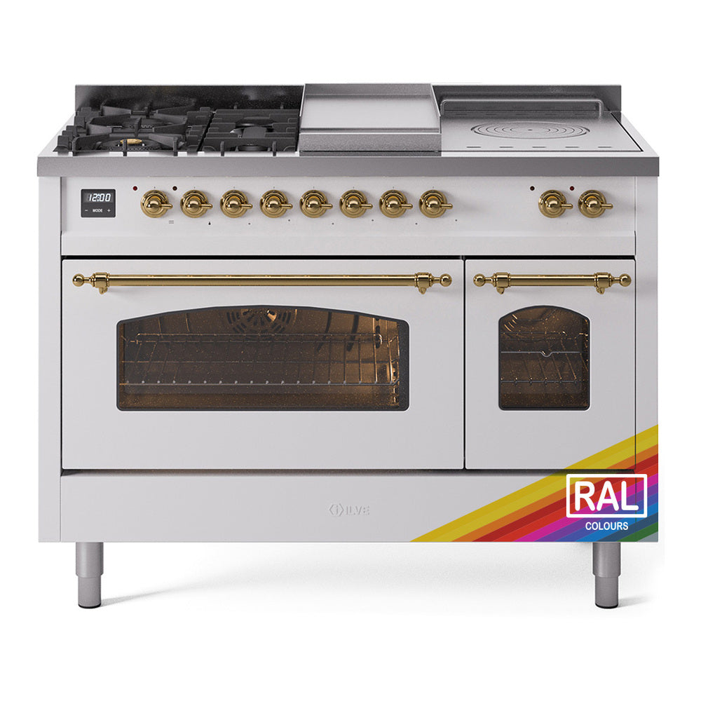 ILVE Nostalgie II 48-Inch Propane Gas Dual Fuel Range with 5 Burners, Griddle, & French Top with Triple Glass Door Oven in Custom RAL with Brass Trim (UP48FSNMPRAGLP)