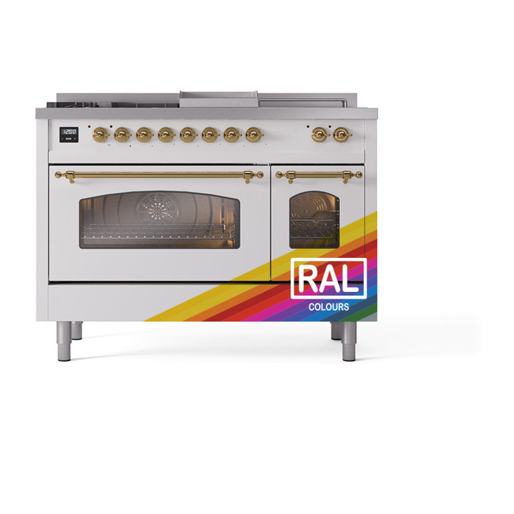 ILVE Nostalgie II 48-Inch Natural Gas Dual Fuel Range with 5 Burners, Griddle, & French Top with Triple Glass Door Oven in Custom RAL with Brass Trim (UP48FSNMPRAG)