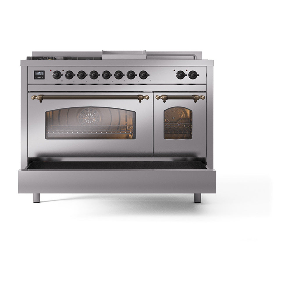 ILVE Nostalgie II 48-Inch Natural Gas Dual Fuel Range with 5 Burners, Griddle, & French Top with Triple Glass Door Oven in Stainless Steel with Burnished Bronze Trim (UP48FSNMPSSB)