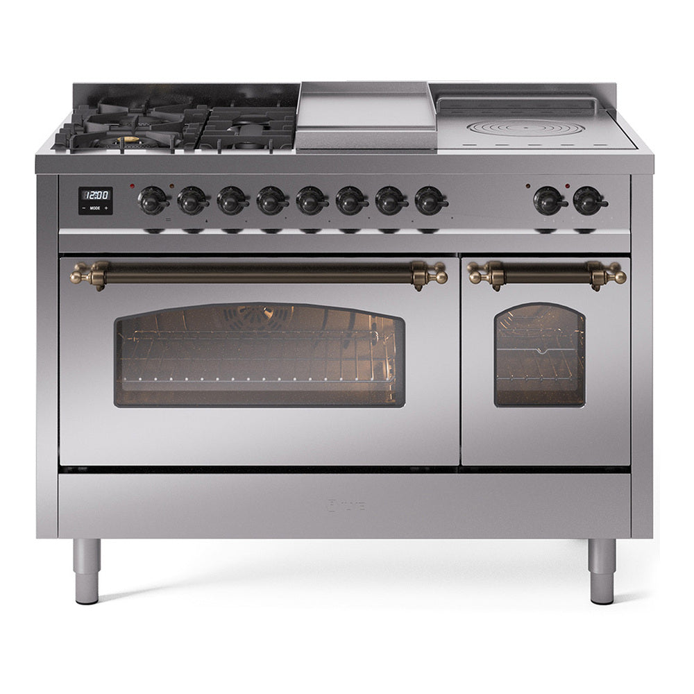 ILVE Nostalgie II 48-Inch Propane Dual Fuel Range, 5 Burners, French Top, Griddle, Glass Door, Stainless Steel with Bronze Trim (UP48FSNMPSSBLP)