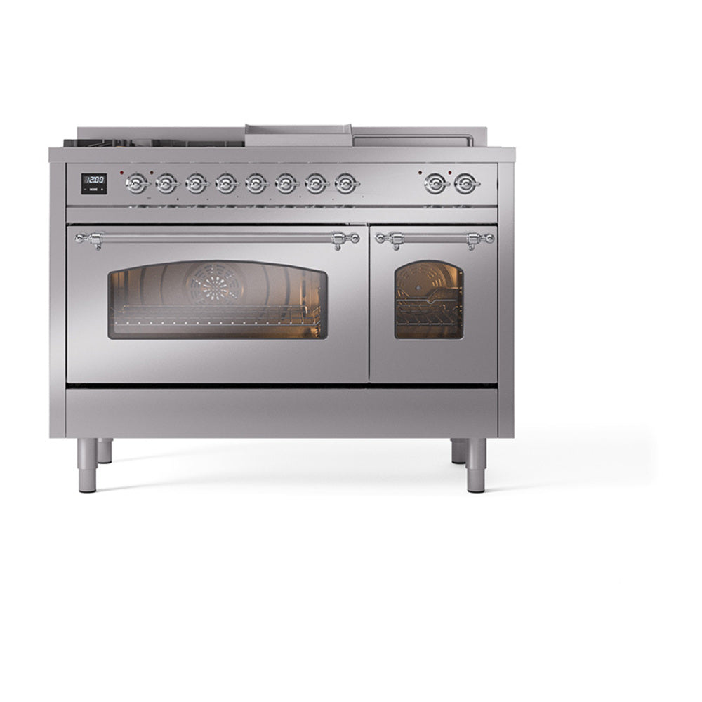 ILVE Nostalgie II 48-Inch Natural Gas Dual Fuel Range with 5 Burners, Griddle, & French Top with Triple Glass Door Oven in Stainless Steel with Chrome Trim (UP48FSNMPSSC)