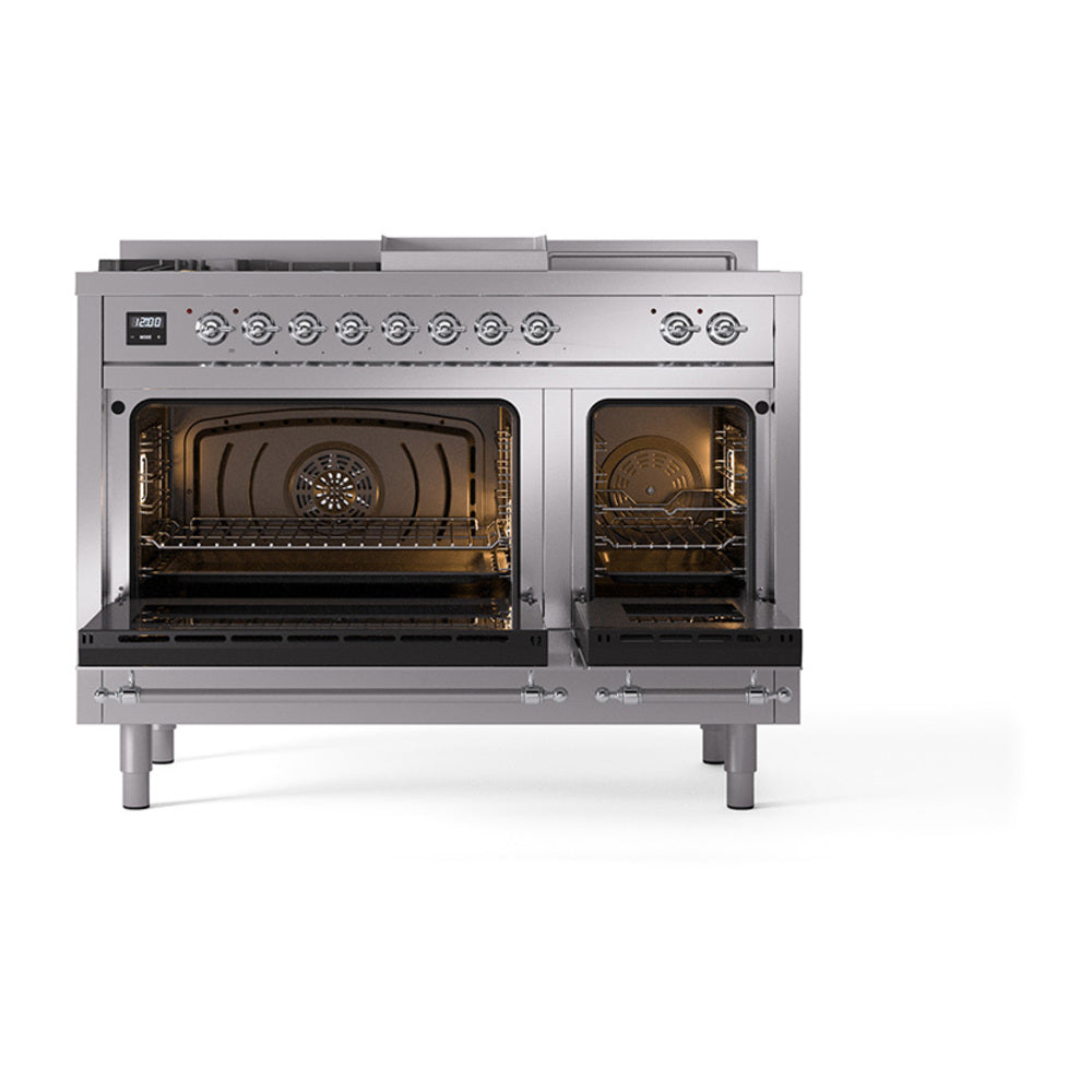 ILVE Nostalgie II 48-Inch Natural Gas Dual Fuel Range with 5 Burners, Griddle, & French Top with Triple Glass Door Oven in Stainless Steel with Chrome Trim (UP48FSNMPSSC)