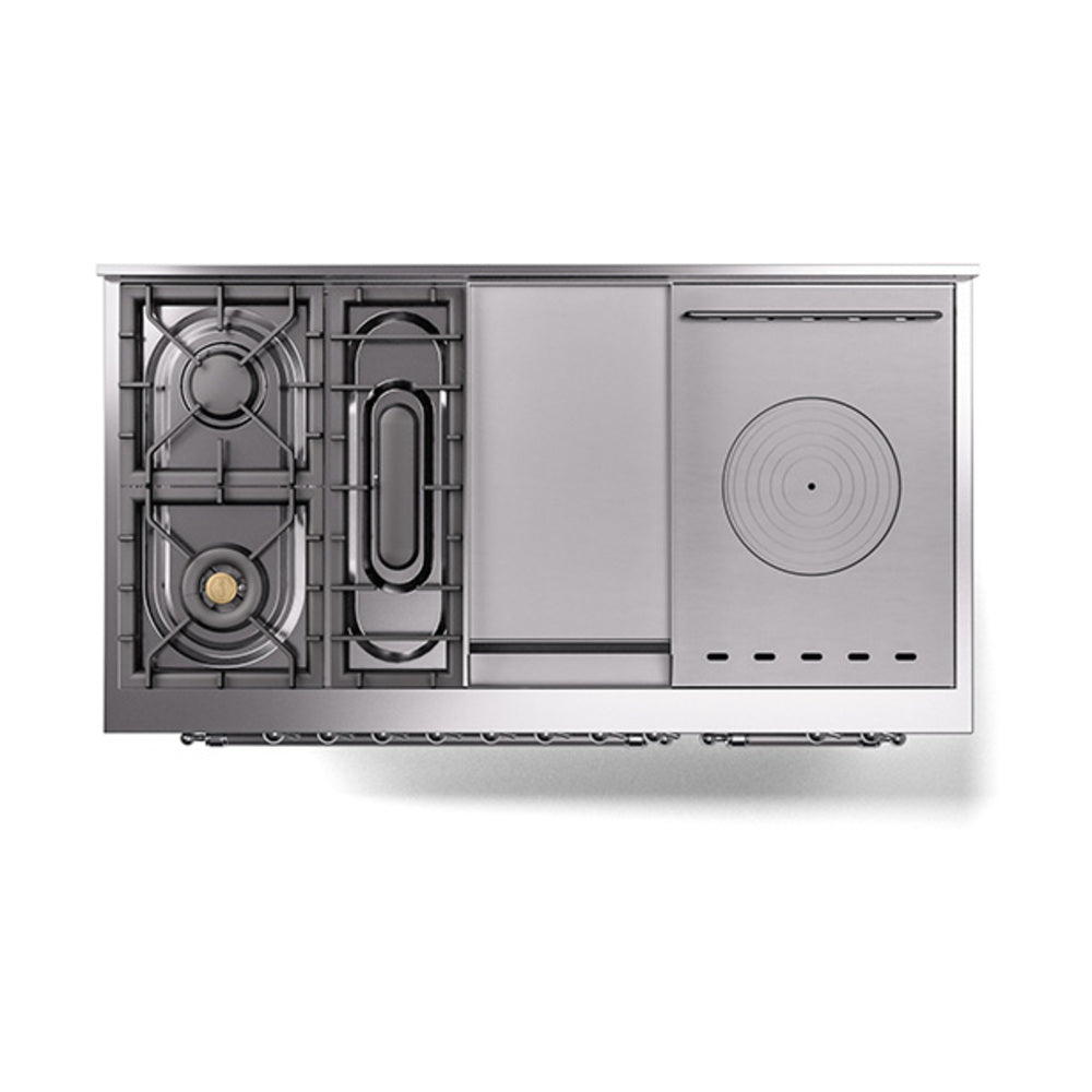 ILVE Nostalgie II 48-Inch Natural Gas Dual Fuel Range with 5 Burners, Griddle, & French Top with Triple Glass Door Oven in Stainless Steel with Chrome Trim (UP48FSNMPSSC)