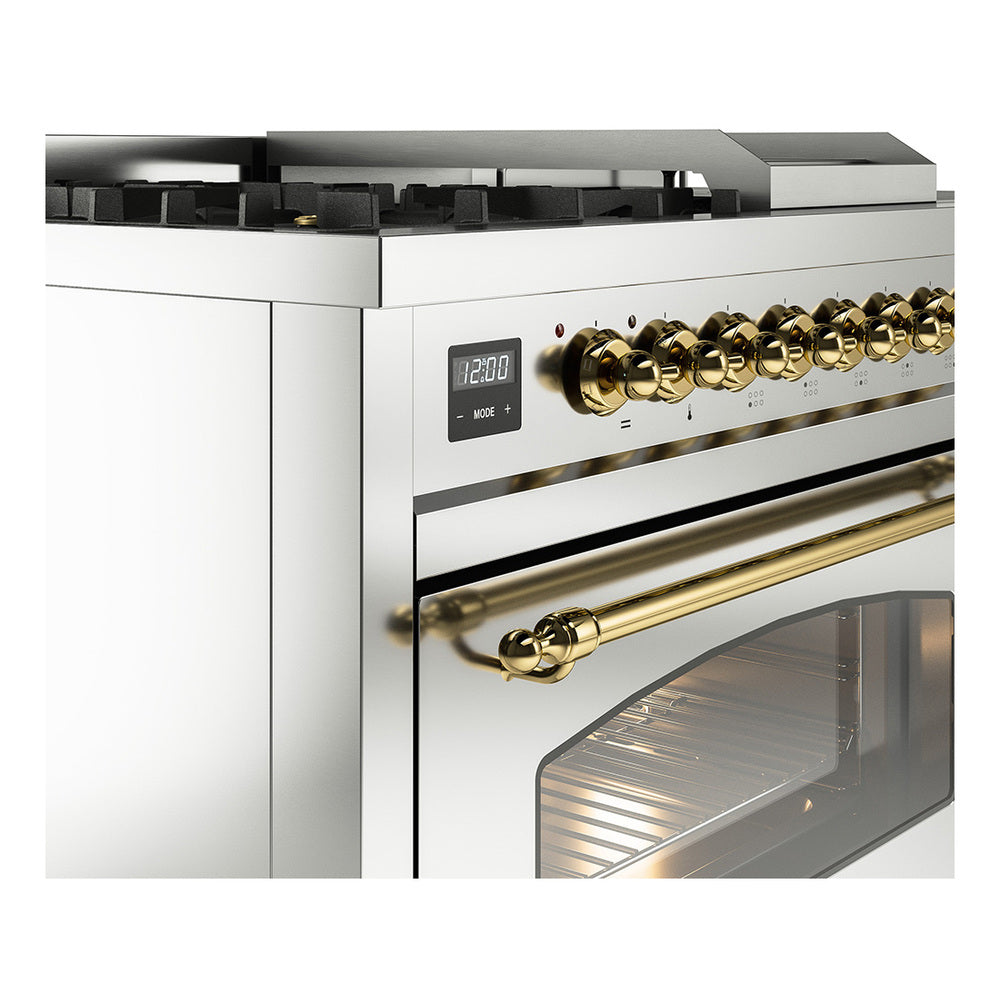 ILVE Nostalgie II 48-Inch Natural Gas Dual Fuel Range with 5 Burners, Griddle, & French Top with Triple Glass Door Oven in Stainless Steel with Brass Trim (UP48FSNMPSSG)