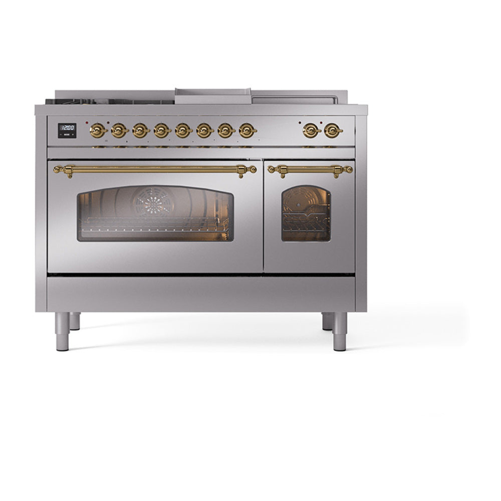 ILVE Nostalgie II 48-Inch Propane Dual Fuel Range, 5 Burners, French Top, Griddle, Triple Glass Door, Stainless Steel with Brass Trim (UP48FSNMPSSGLP)