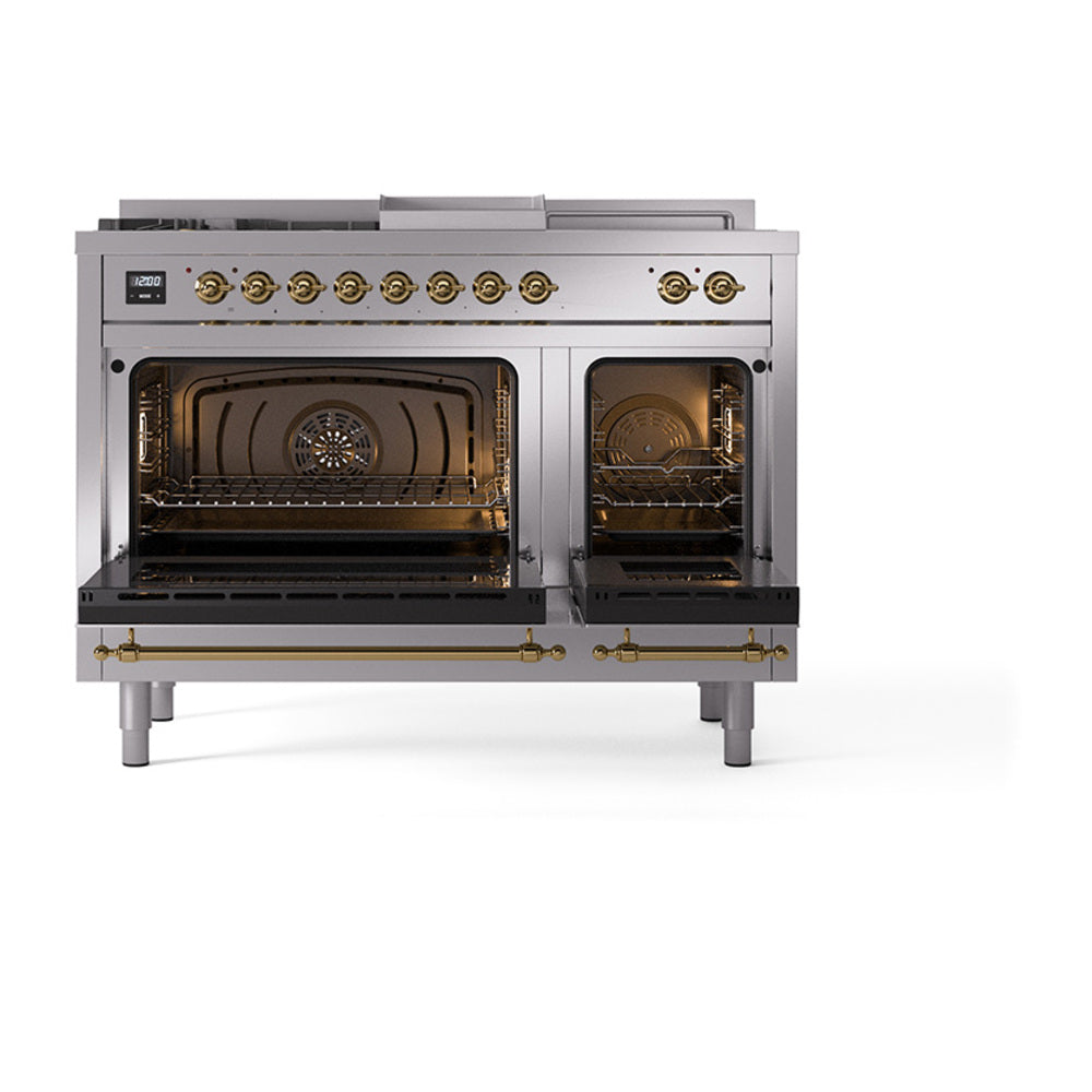 ILVE Nostalgie II 48-Inch Natural Gas Dual Fuel Range with 5 Burners, Griddle, & French Top with Triple Glass Door Oven in Stainless Steel with Brass Trim (UP48FSNMPSSG)