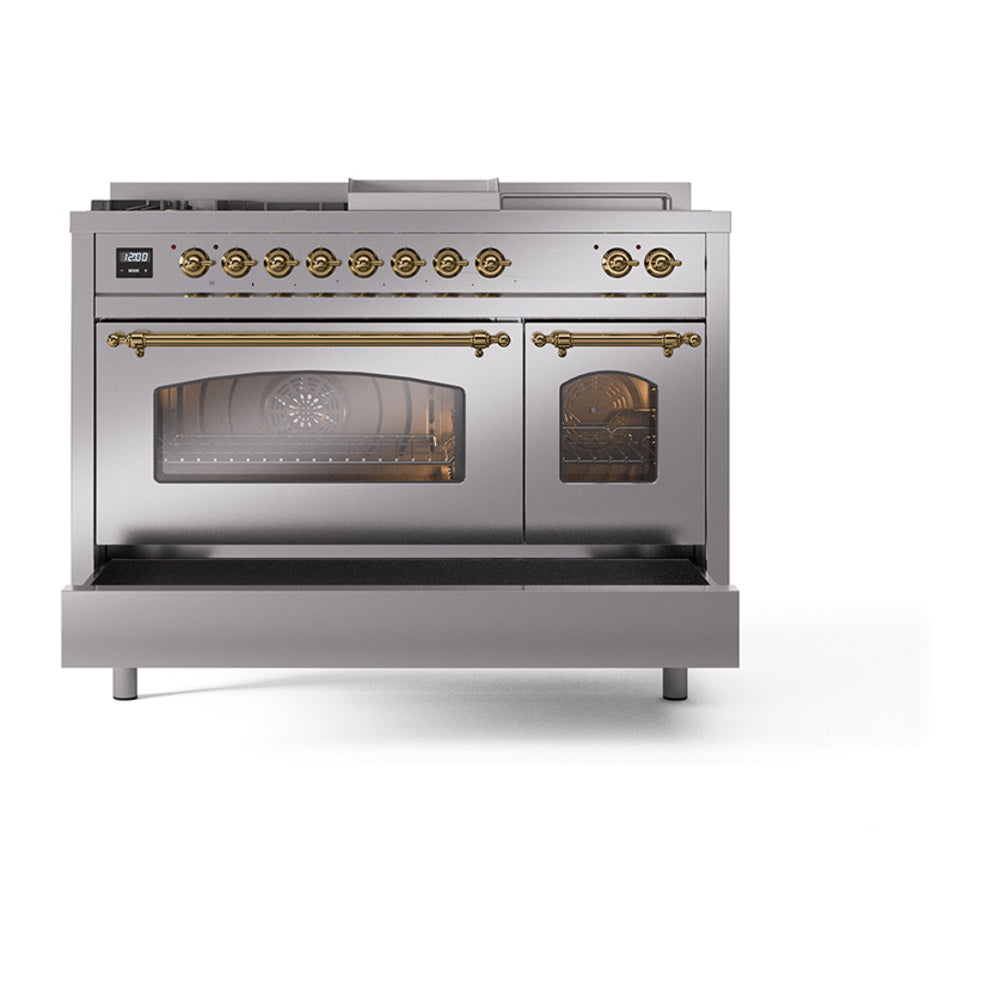 ILVE Nostalgie II 48-Inch Natural Gas Dual Fuel Range with 5 Burners, Griddle, & French Top with Triple Glass Door Oven in Stainless Steel with Brass Trim (UP48FSNMPSSG)