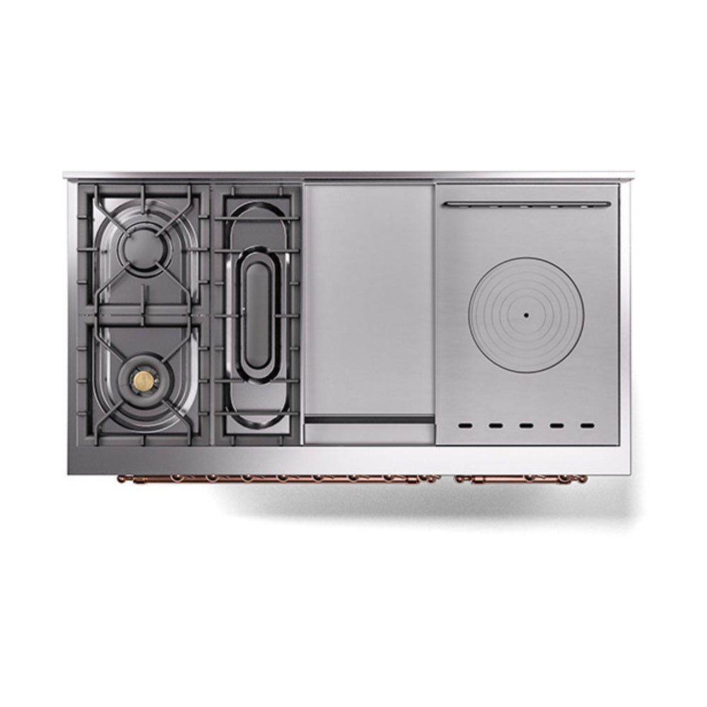 ILVE Nostalgie II 48-Inch Natural Gas Dual Fuel Range with 5 Burners, Griddle, & French Top with Triple Glass Door Oven in Stainless Steel with Copper Trim (UP48FSNMPSSP)