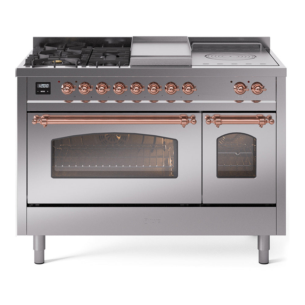 ILVE Nostalgie II 48-Inch Propane Dual Fuel Range, 5 Burners, French Top, Griddle, Glass Door, Stainless Steel with Copper Trim (UP48FSNMPSSPLP)