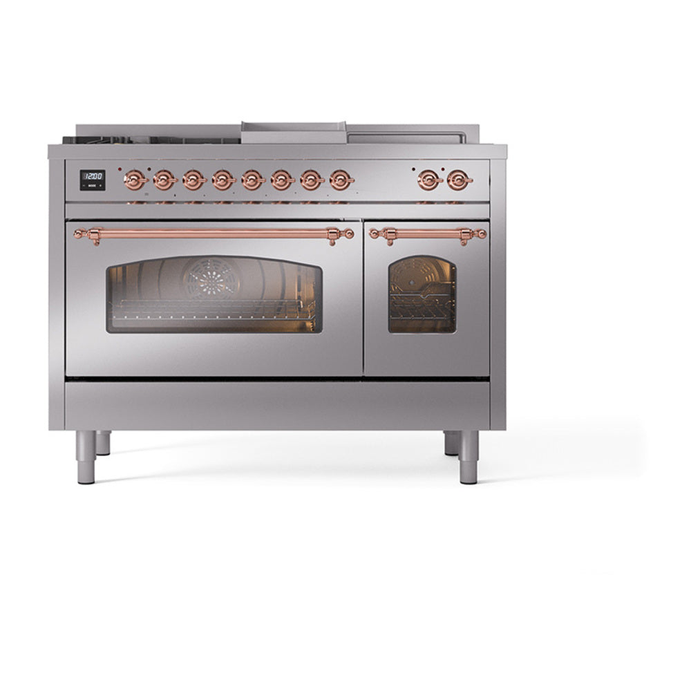 ILVE Nostalgie II 48-Inch Natural Gas Dual Fuel Range with 5 Burners, Griddle, & French Top with Triple Glass Door Oven in Stainless Steel with Copper Trim (UP48FSNMPSSP)