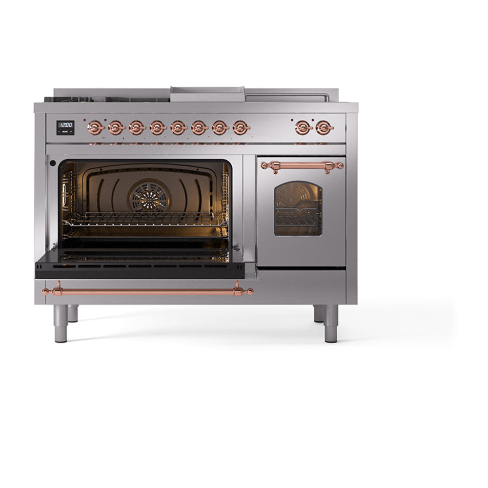 ILVE Nostalgie II 48-Inch Natural Gas Dual Fuel Range with 5 Burners, Griddle, & French Top with Triple Glass Door Oven in Stainless Steel with Copper Trim (UP48FSNMPSSP)