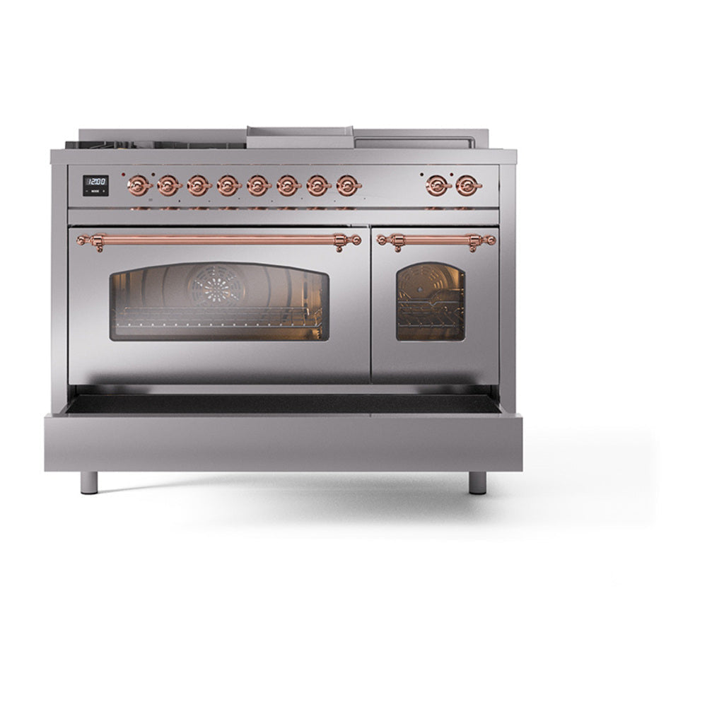 ILVE Nostalgie II 48-Inch Natural Gas Dual Fuel Range with 5 Burners, Griddle, & French Top with Triple Glass Door Oven in Stainless Steel with Copper Trim (UP48FSNMPSSP)