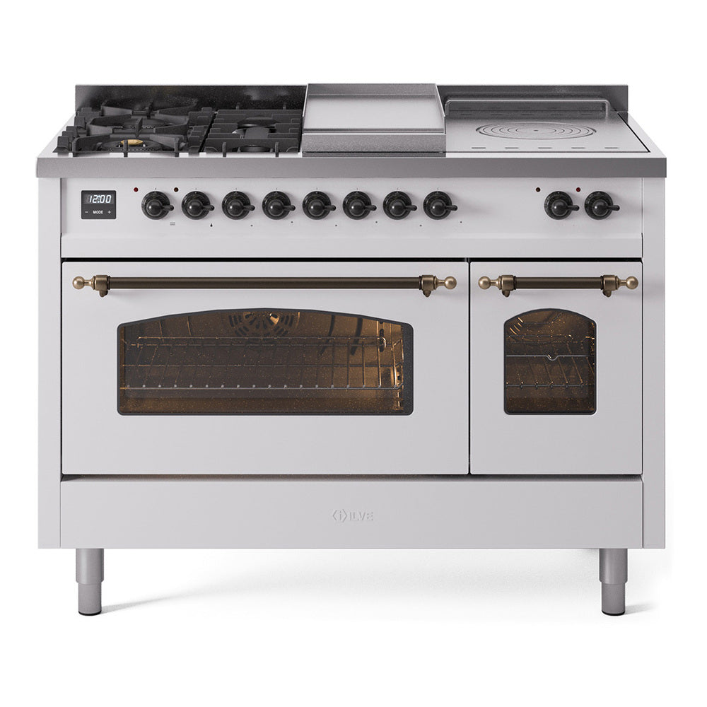 ILVE Nostalgie II 48-Inch Propane Gas Dual Fuel Range with 5 Burners, Griddle, & French Top with Triple Glass Door Oven in White with Burnished Bronze Trim (UP48FSNMPWHBLP)