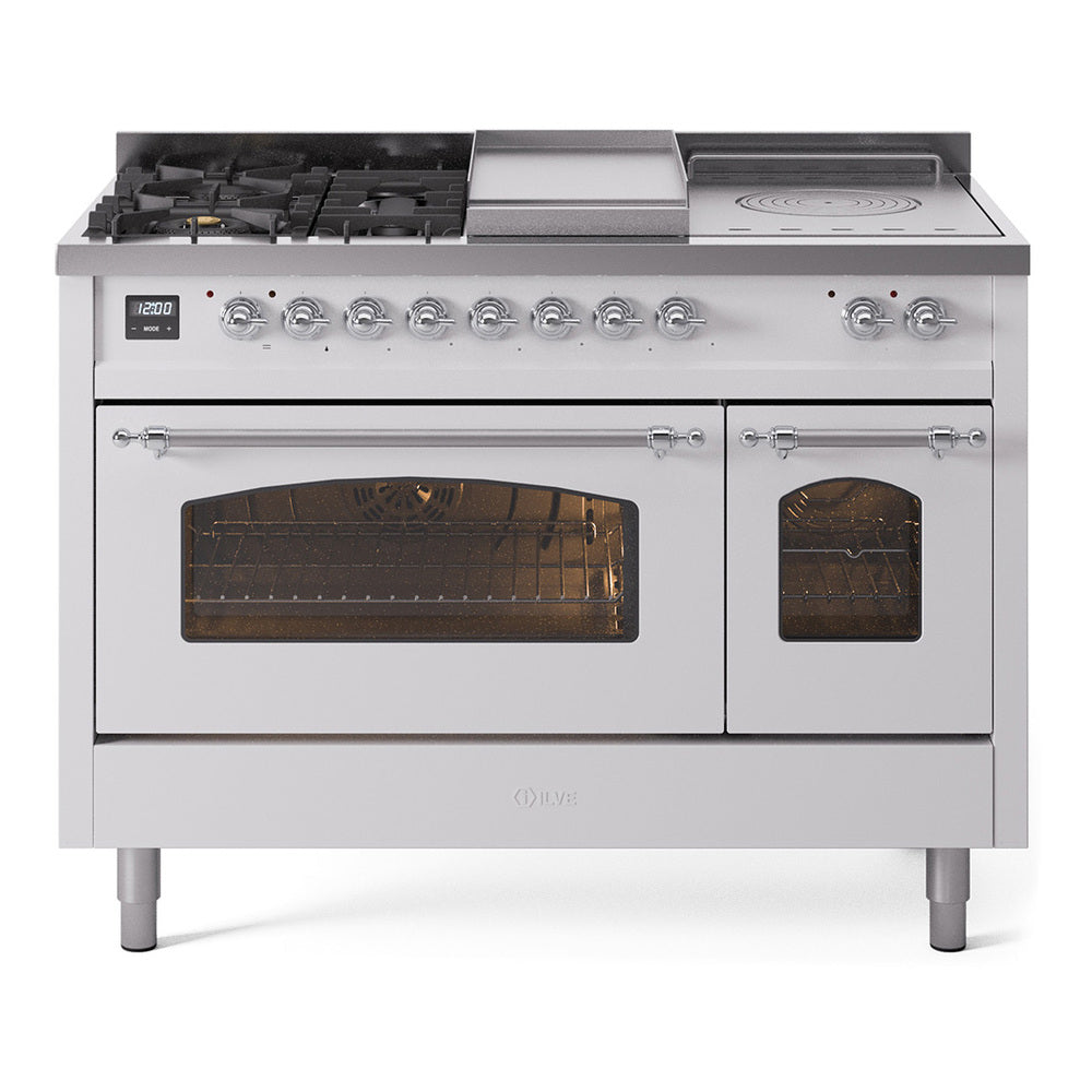 ILVE Nostalgie II 48-Inch Propane Dual Fuel Range, 5 Burners, French Top, Griddle, Triple Glass Door, White with Chrome Trim (UP48FSNMPWHCLP)