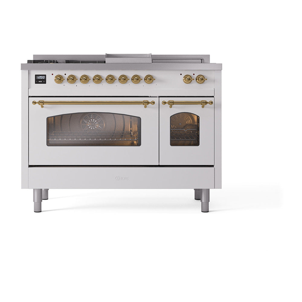 ILVE Nostalgie II 48-Inch Natural Gas Dual Fuel Range with 5 Burners, Griddle, & French Top with Triple Glass Door Oven in White with Brass Trim (UP48FSNMPWHG)