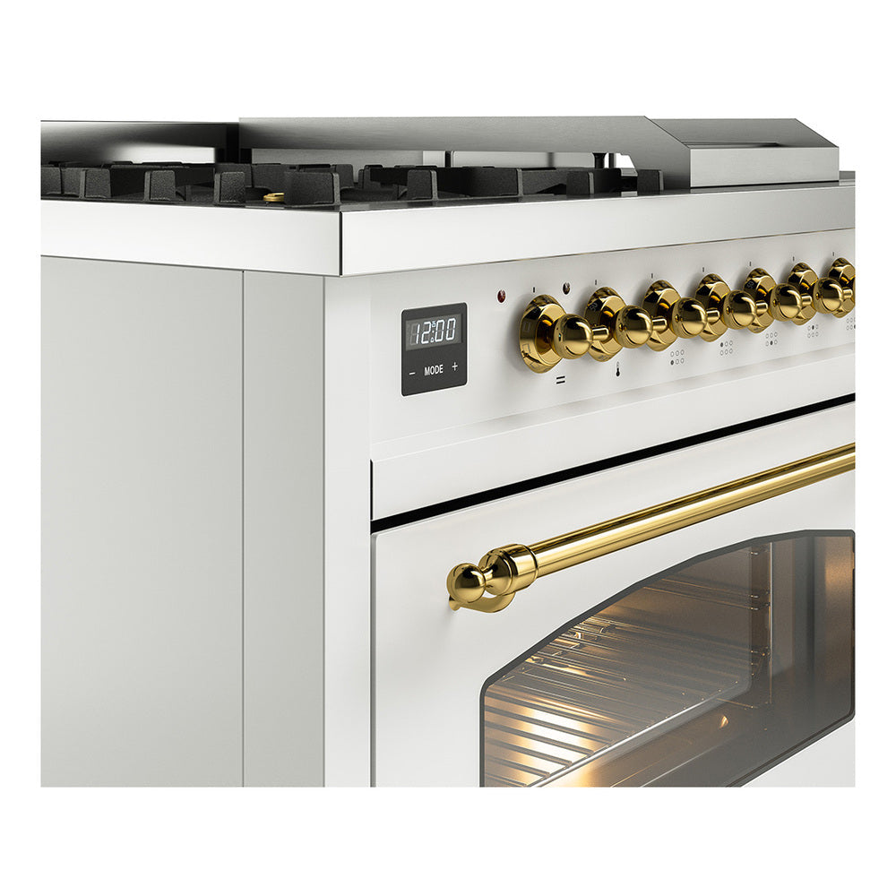 ILVE Nostalgie II 48-Inch Natural Gas Dual Fuel Range with 5 Burners, Griddle, & French Top with Triple Glass Door Oven in White with Brass Trim (UP48FSNMPWHG)