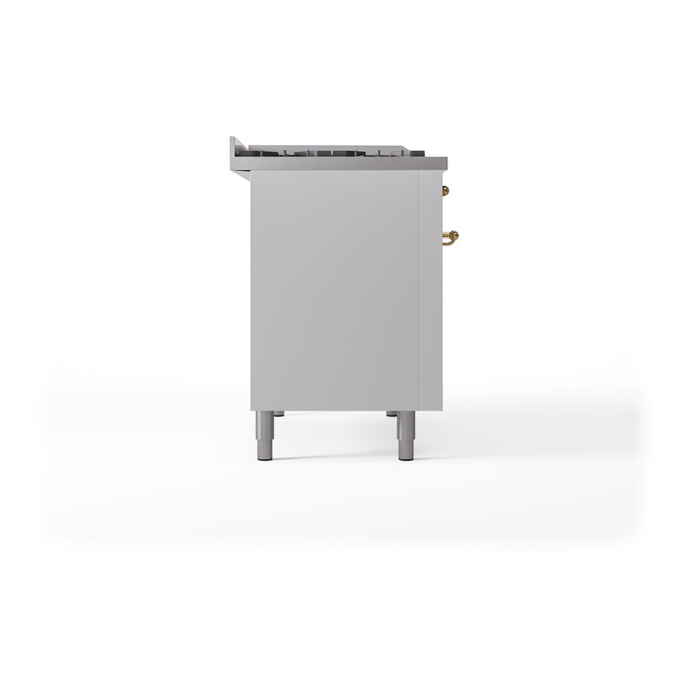 ILVE Nostalgie II 48-Inch Natural Gas Dual Fuel Range with 5 Burners, Griddle, & French Top with Triple Glass Door Oven in White with Brass Trim (UP48FSNMPWHG)
