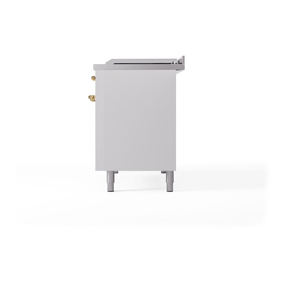 ILVE Nostalgie II 48-Inch Natural Gas Dual Fuel Range with 5 Burners, Griddle, & French Top with Triple Glass Door Oven in White with Brass Trim (UP48FSNMPWHG)