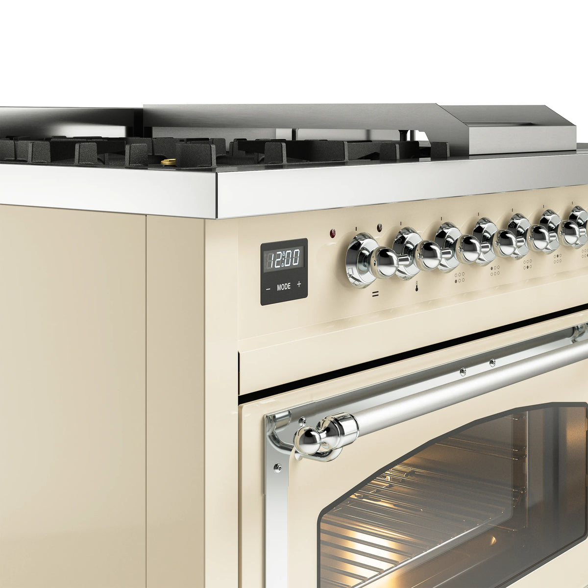 ILVE Nostalgie II Noblesse 48-Inch Propane Gas Dual Fuel Range with 5 Burners, Griddle, & French Top with Triple Glass Door Oven in Antique White with Chrome Trim (UN48FSNMPAWCLP)