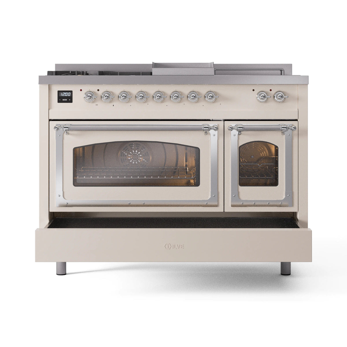 ILVE Nostalgie II Noblesse 48-Inch Propane Gas Dual Fuel Range with 5 Burners, Griddle, & French Top with Triple Glass Door Oven in Antique White with Chrome Trim (UN48FSNMPAWCLP)