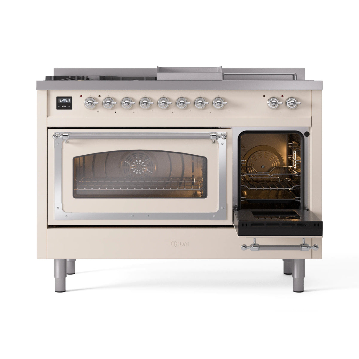 ILVE Nostalgie II Noblesse 48-Inch Propane Gas Dual Fuel Range with 5 Burners, Griddle, & French Top with Triple Glass Door Oven in Antique White with Chrome Trim (UN48FSNMPAWCLP)