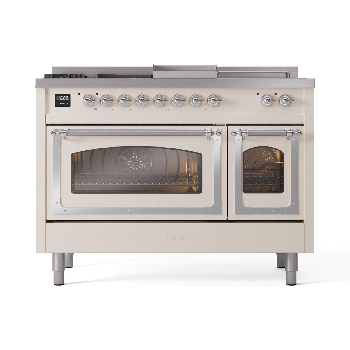 ILVE Nostalgie II Noblesse 48-Inch Propane Gas Dual Fuel Range with 5 Burners, Griddle, & French Top with Triple Glass Door Oven in Antique White with Chrome Trim (UN48FSNMPAWCLP)