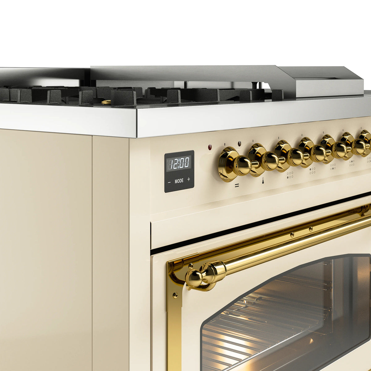 ILVE Nostalgie II Noblesse 48-Inch Propane Gas Dual Fuel Range with 5 Burners, Griddle, & French Top with Triple Glass Door Oven in Antique White with Brass Trim (UN48FSNMPAWGLP)