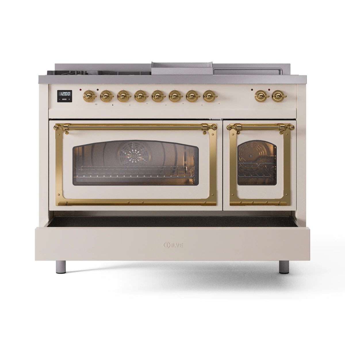 ILVE Nostalgie II Noblesse 48-Inch Propane Gas Dual Fuel Range with 5 Burners, Griddle, & French Top with Triple Glass Door Oven in Antique White with Brass Trim (UN48FSNMPAWGLP)