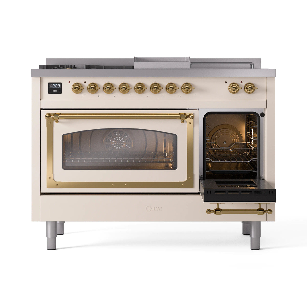ILVE Nostalgie II Noblesse 48-Inch Propane Gas Dual Fuel Range with 5 Burners, Griddle, & French Top with Triple Glass Door Oven in Antique White with Brass Trim (UN48FSNMPAWGLP)
