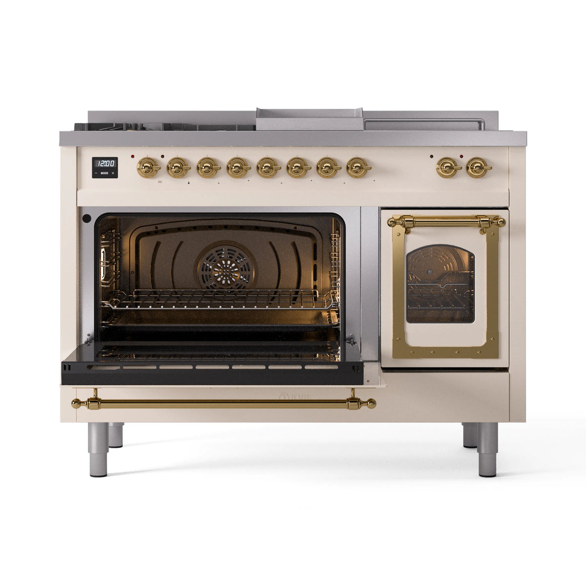 ILVE Nostalgie II Noblesse 48-Inch Natural Gas Dual Fuel Range with 5 Burners, Griddle, & French Top with Triple Glass Door Oven in Antique White with Brass Trim (UN48FSNMPAWG)