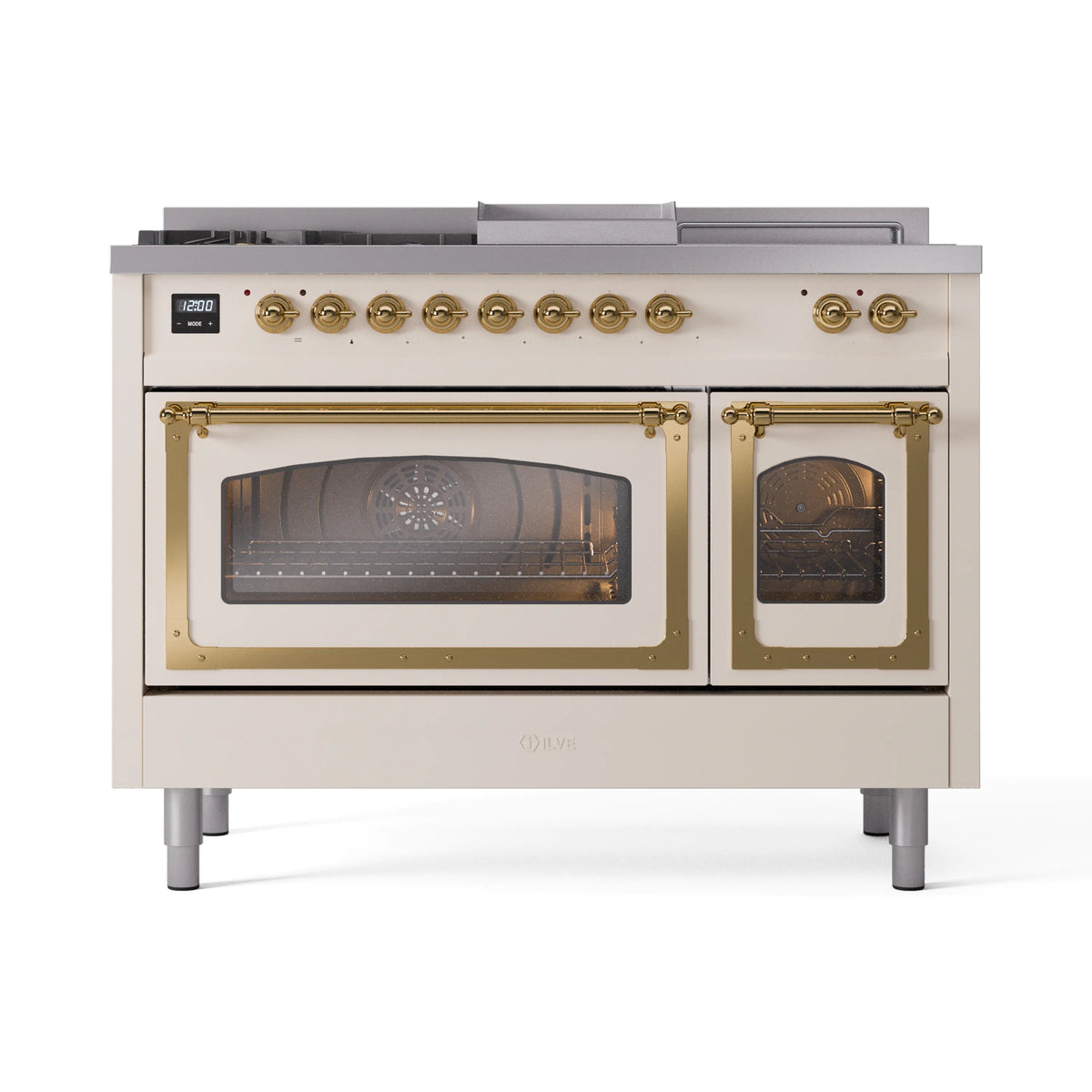 ILVE Nostalgie II Noblesse 48-Inch Natural Gas Dual Fuel Range with 5 Burners, Griddle, & French Top with Triple Glass Door Oven in Antique White with Brass Trim (UN48FSNMPAWG)