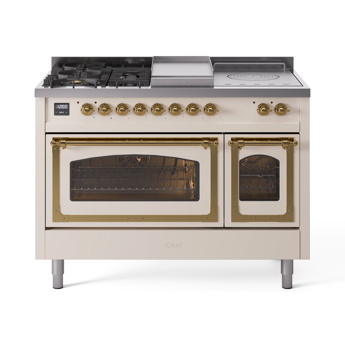 ILVE Nostalgie II Noblesse 48-Inch Propane Gas Dual Fuel Range with 5 Burners, Griddle, & French Top with Triple Glass Door Oven in Antique White with Brass Trim (UN48FSNMPAWGLP)