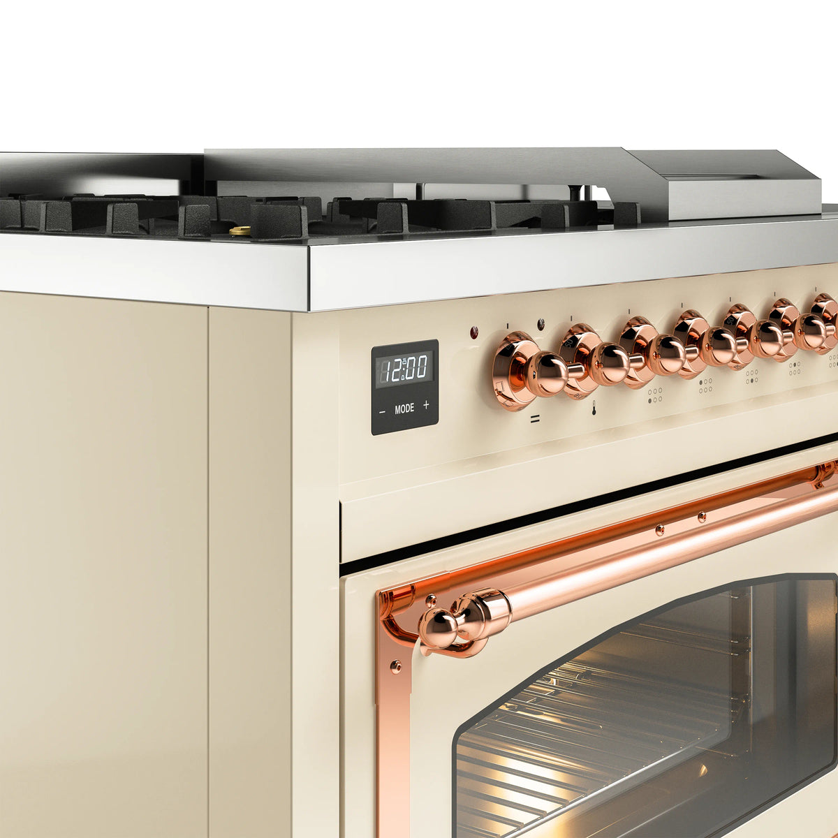 ILVE Nostalgie II Noblesse 48-Inch Natural Gas Dual Fuel Range with 5 Burners, Griddle, & French Top with Triple Glass Door Oven in Antique White with Copper Trim (UN48FSNMPAWP)