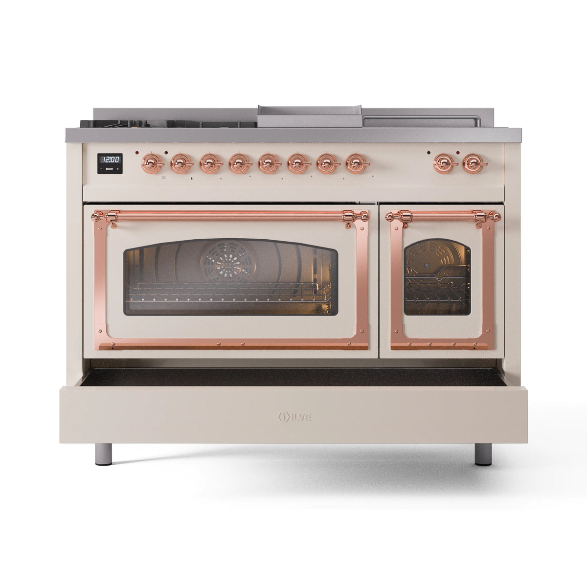 ILVE Nostalgie II Noblesse 48-Inch Propane Gas Dual Fuel Range with 5 Burners, Griddle, & French Top with Triple Glass Door Oven in Antique White with Copper Trim (UN48FSNMPAWPLP)