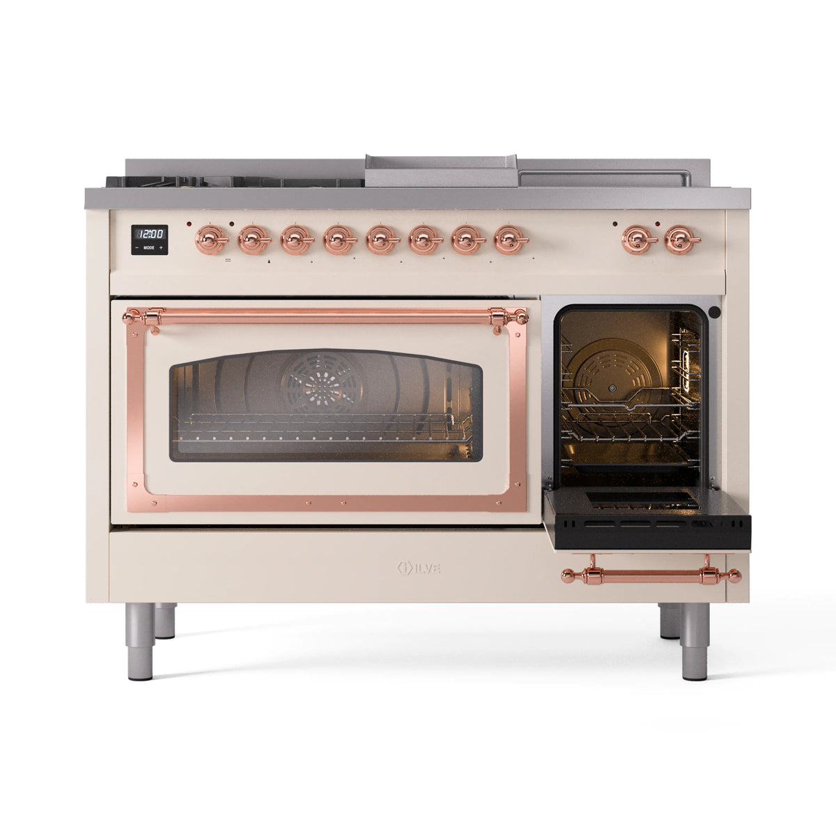 ILVE Nostalgie II Noblesse 48-Inch Propane Gas Dual Fuel Range with 5 Burners, Griddle, & French Top with Triple Glass Door Oven in Antique White with Copper Trim (UN48FSNMPAWPLP)