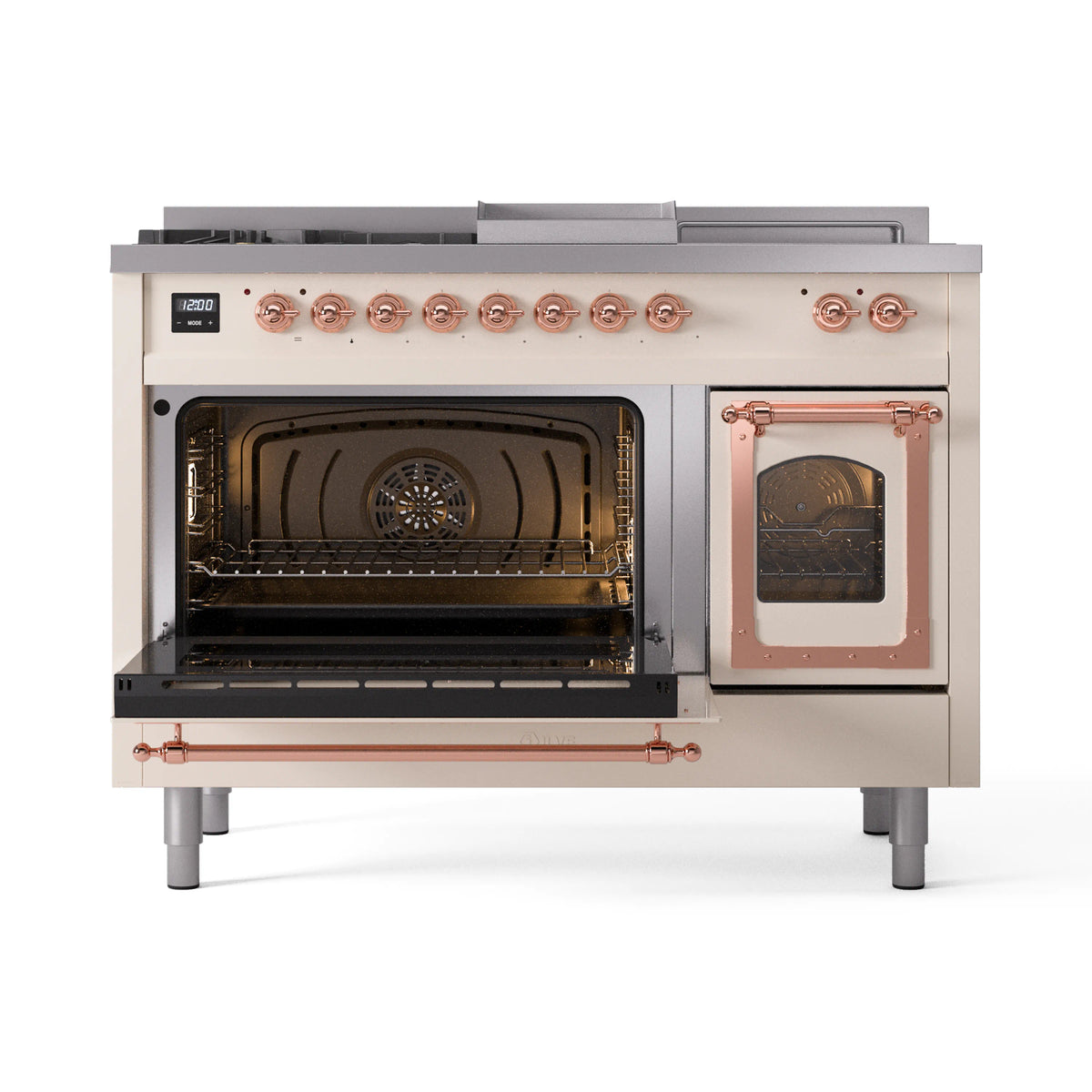ILVE Nostalgie II Noblesse 48-Inch Propane Gas Dual Fuel Range with 5 Burners, Griddle, & French Top with Triple Glass Door Oven in Antique White with Copper Trim (UN48FSNMPAWPLP)
