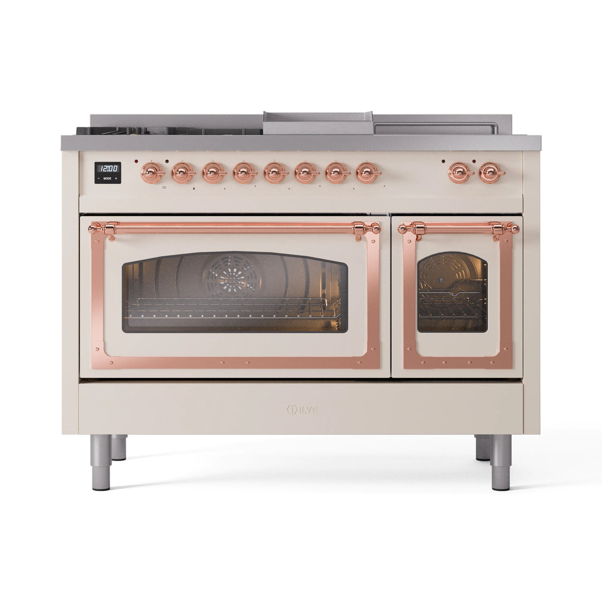 ILVE Nostalgie II Noblesse 48-Inch Propane Gas Dual Fuel Range with 5 Burners, Griddle, & French Top with Triple Glass Door Oven in Antique White with Copper Trim (UN48FSNMPAWPLP)