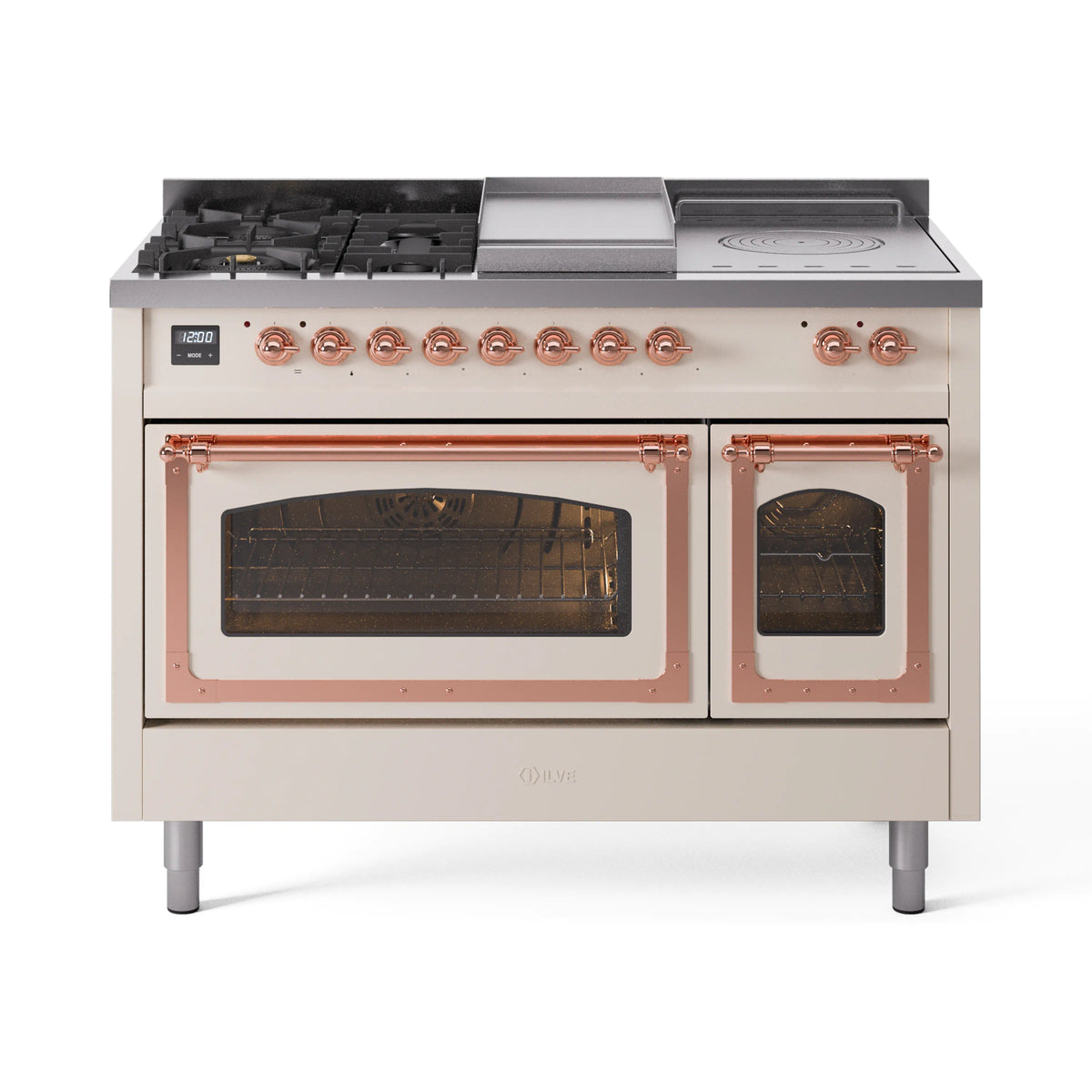 ILVE Nostalgie II Noblesse 48-Inch Propane Gas Dual Fuel Range with 5 Burners, Griddle, & French Top with Triple Glass Door Oven in Antique White with Copper Trim (UN48FSNMPAWPLP)