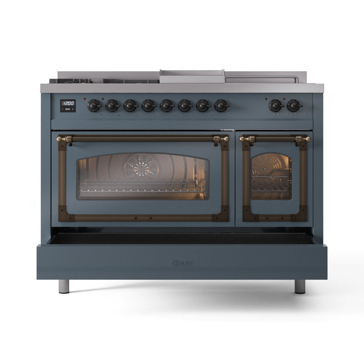 ILVE Nostalgie II Noblesse 48-Inch Propane Gas Dual Fuel Range with 5 Burners, Griddle, & French Top with Triple Glass Door Oven in Blue Grey with Burnished Bronze Trim (UN48FSNMPBGBLP)