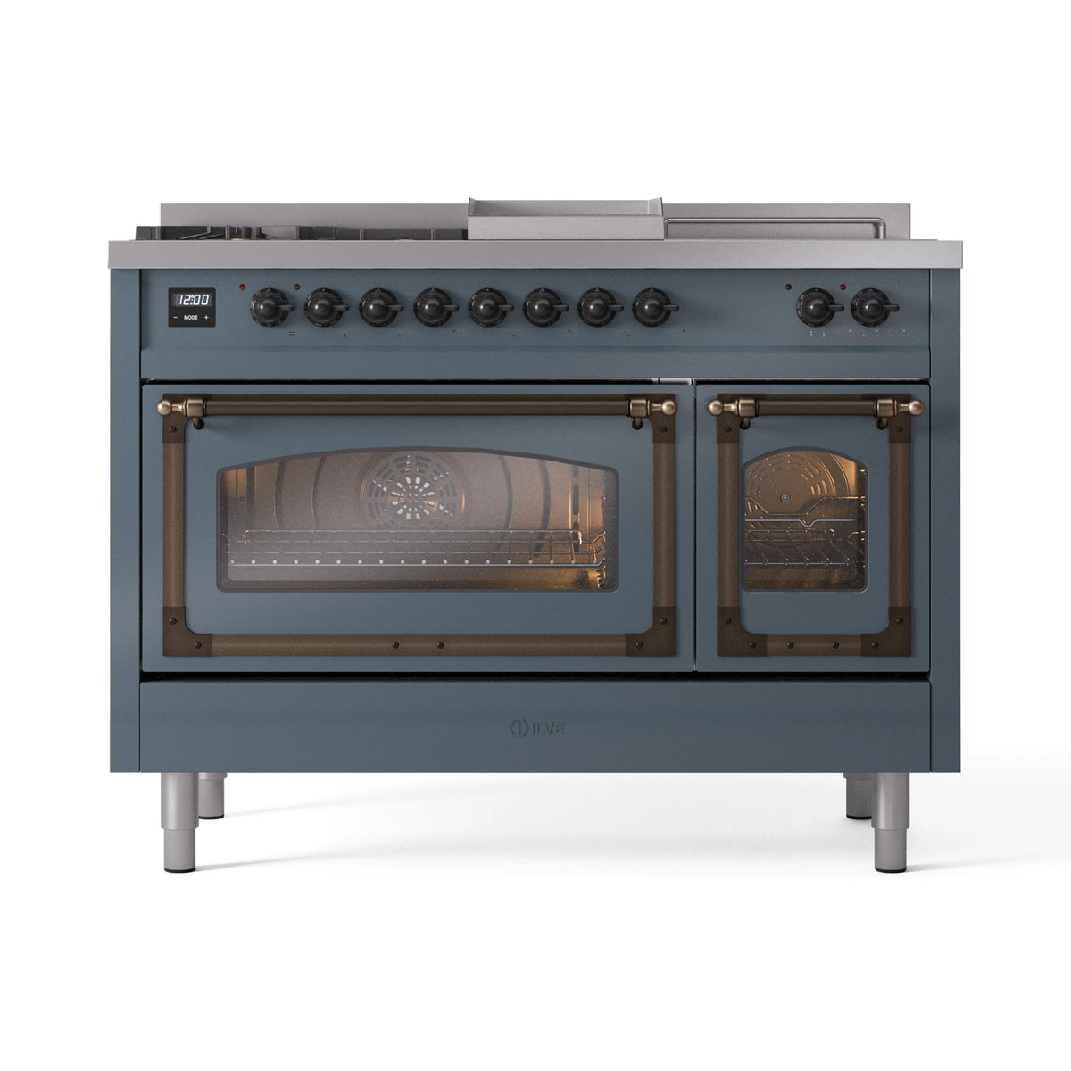 ILVE Nostalgie II Noblesse 48-Inch Natural Gas Dual Fuel Range with 5 Burners, Griddle, & French Top with Triple Glass Door Oven in Blue Grey with Burnished Bronze Trim (UN48FSNMPBGB)